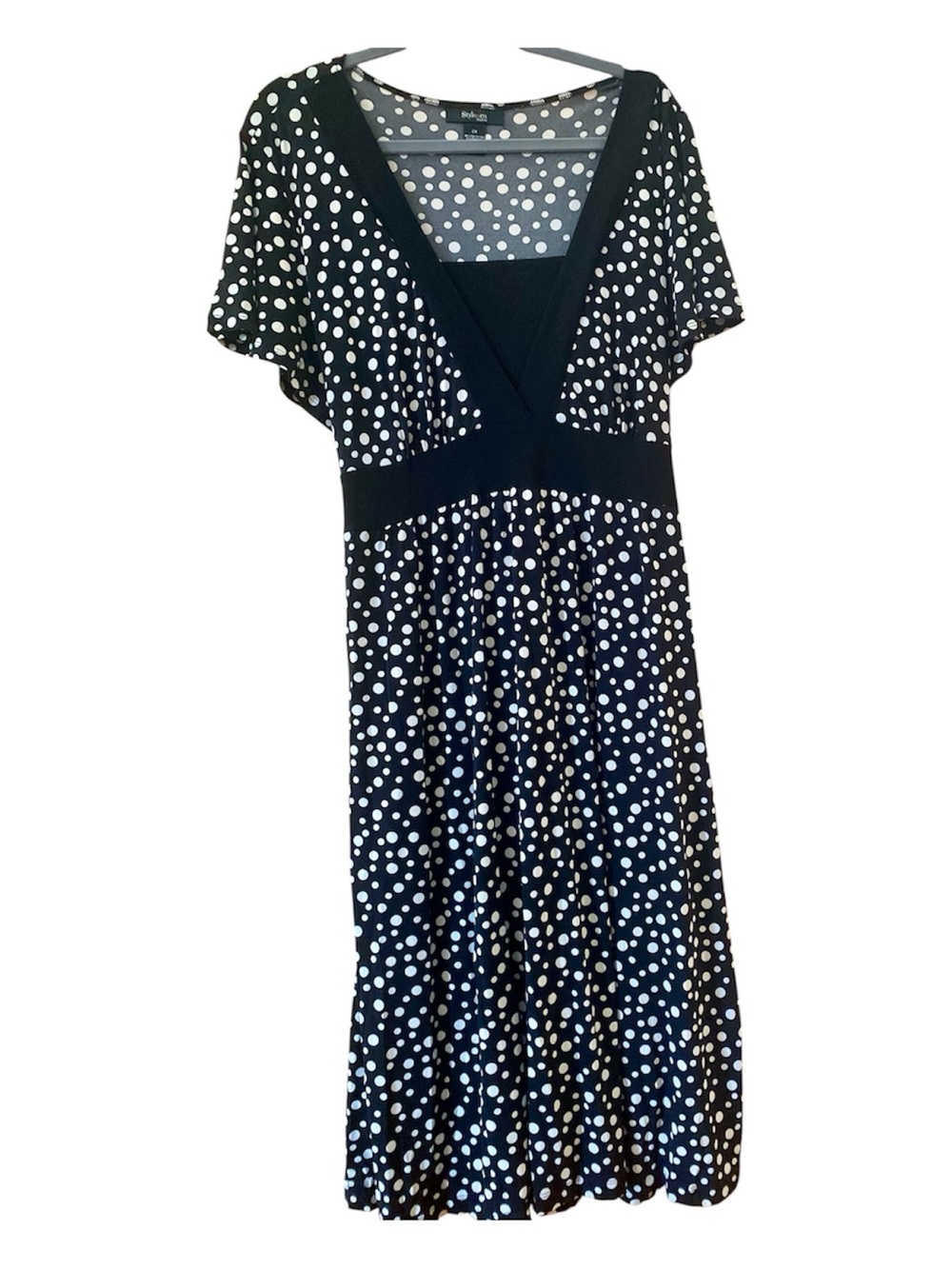 Style & Co Woman Polka Dot Midi Dress 2X Black White Empire Waist Tie Back
